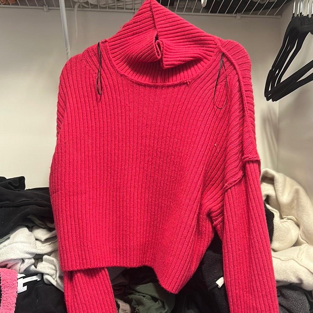 pink Turtleneck Ribbed Sweater
